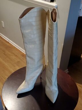 Schutz Maryana  Women's Tall Pointed-Toe LCroc-Embossed Knee-High Boots - Cream